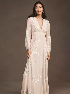 BHLDN Belize Embroidered A-Line Long Sleeve V Neck Gown (size 8)